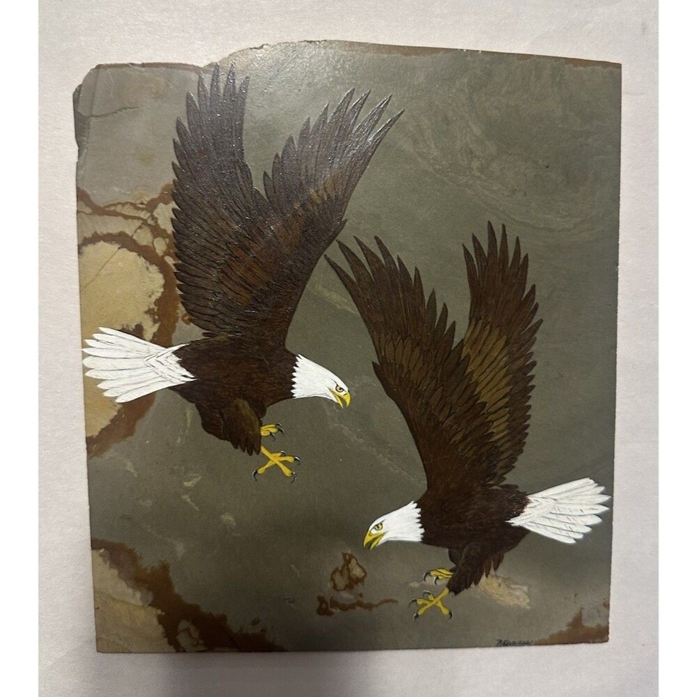 Original Hand Painted Bald Eagles Natural Slate Stone Slab Signed